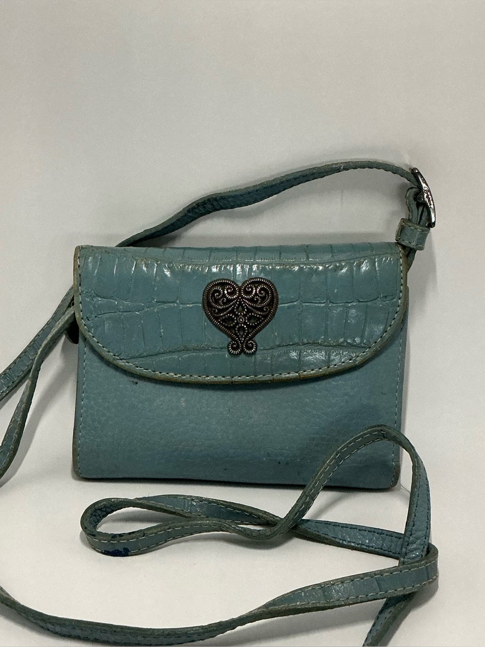 Brighton Blue Leather Crossbody Organizer Wallet Purse Heart Concho